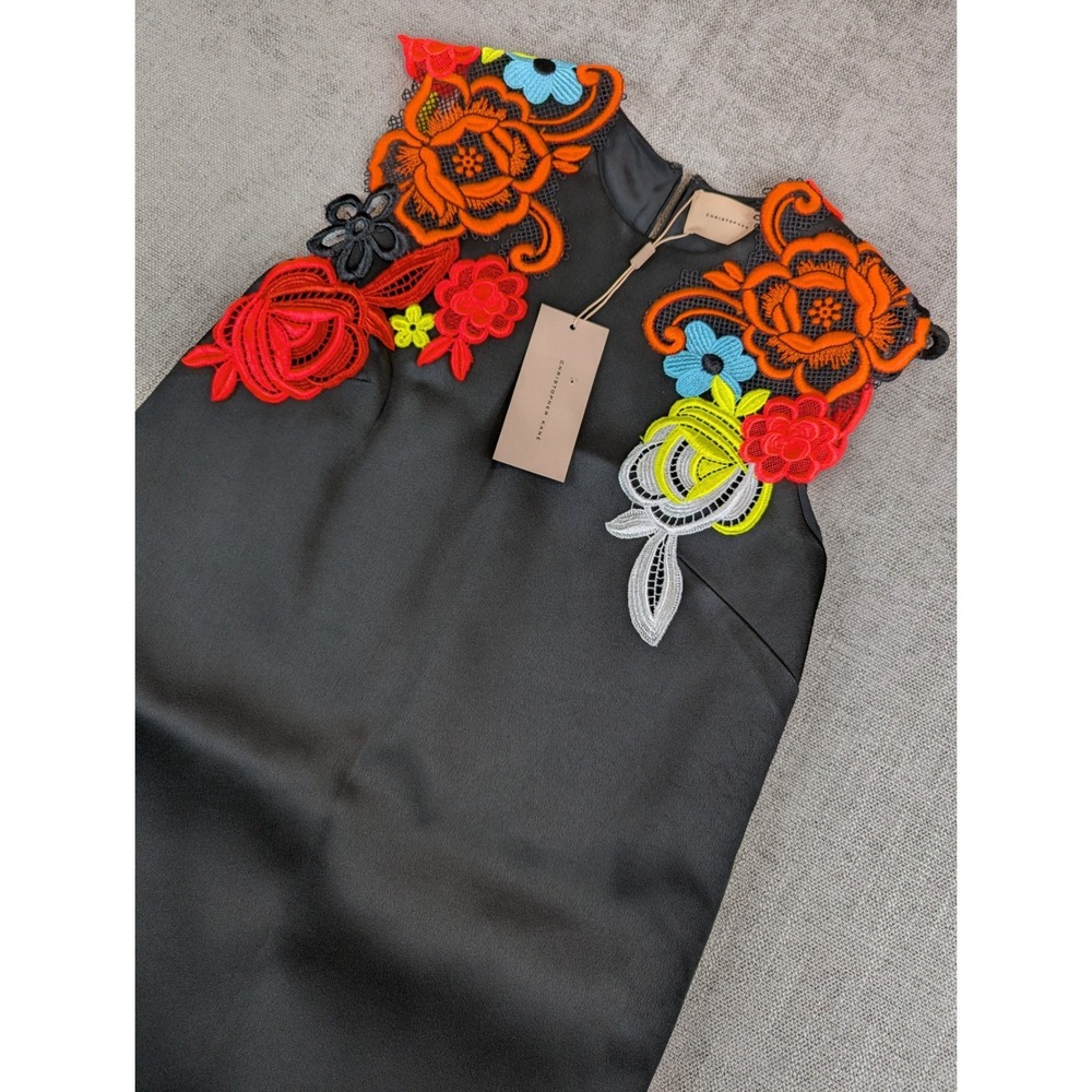 NWT Christopher Kane Dress Womens Sz 4 Black Floral Lace Motif Shift Colorful